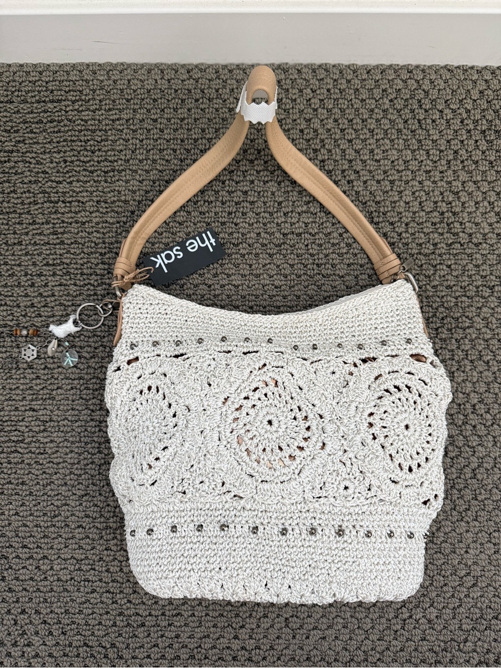 The Sak Cream Crochet Shoulder Bag with Tan Leather Handle - Picture 2 of 9